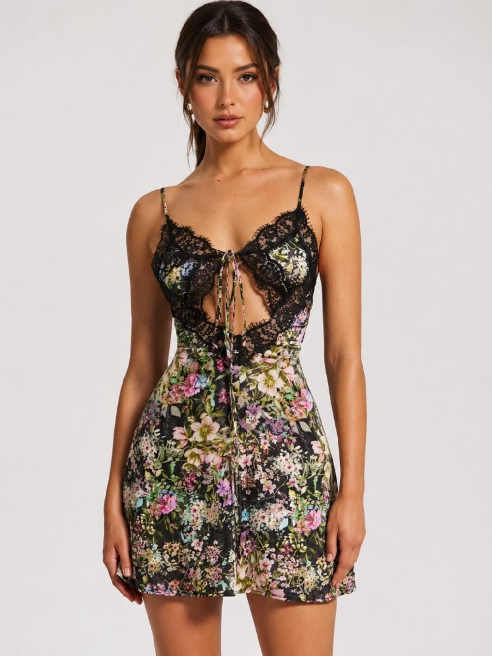 MISS CIRCLE Floral Print Satin Mini Dress With Lace
